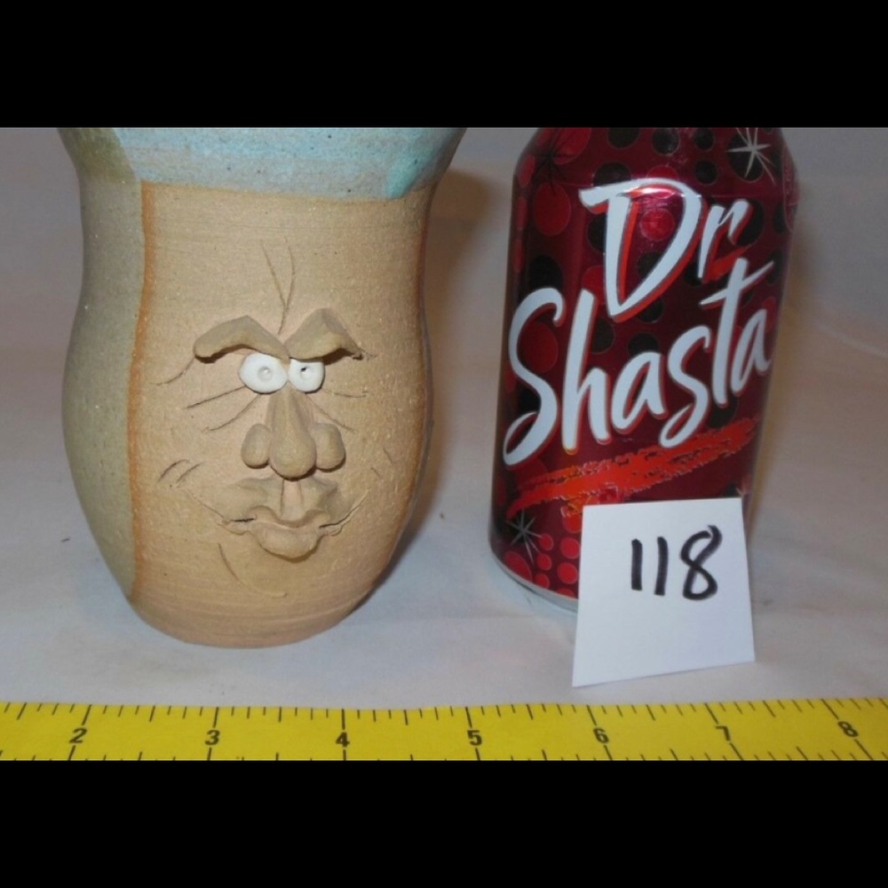 VINTAGE RARE STONEWARE POTTERY CLAY FUNNY FACE TALL MUG STEIN